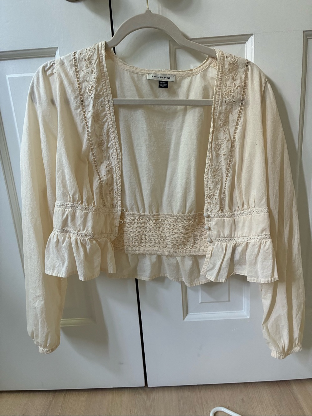 American Eagle Outfitters Cream Lace-Trim Open Peplum Blouse